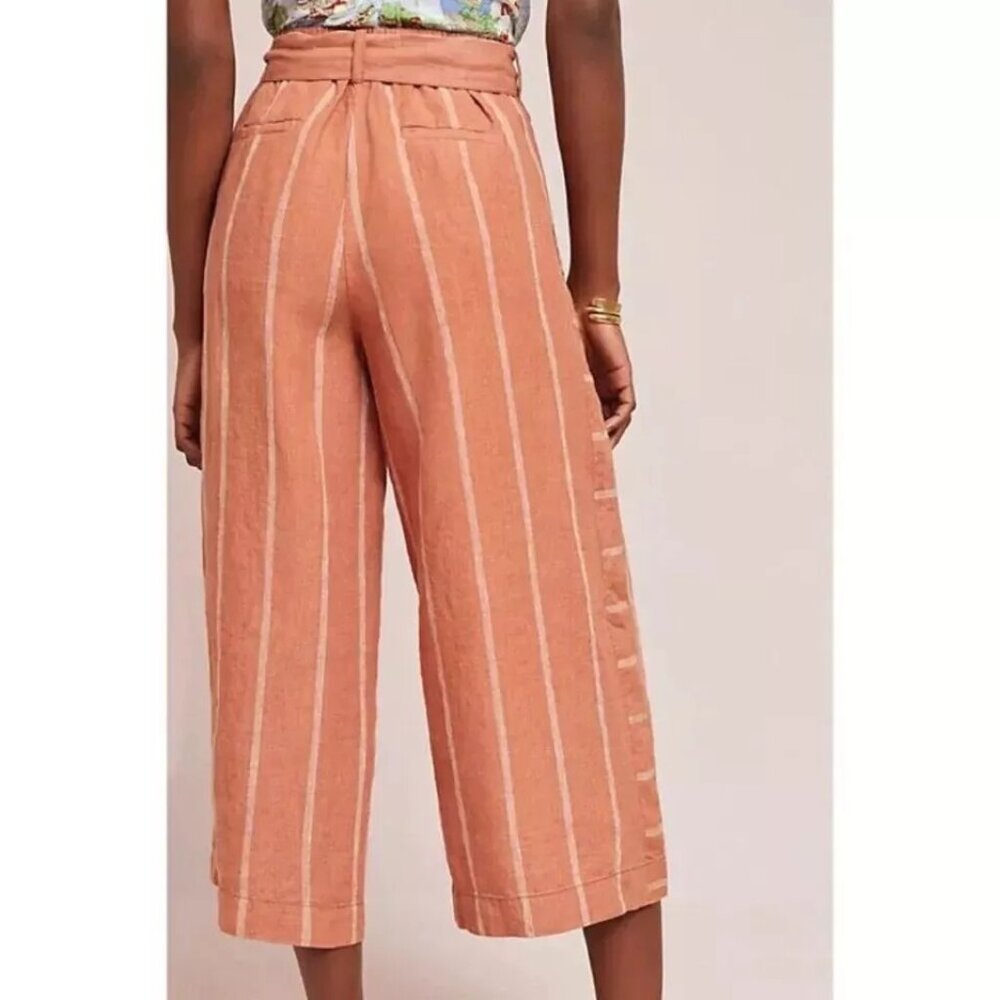 Anthropologie PORTIA Rust striped LINEN Wide Leg Cropped Cream XL pockets tie
